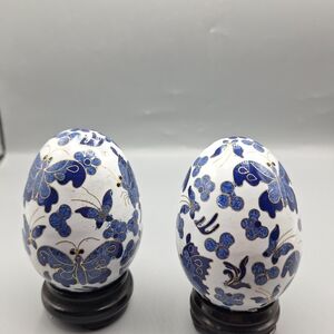 Porcelain White Egg with Blue Floral Design And Gold Trim